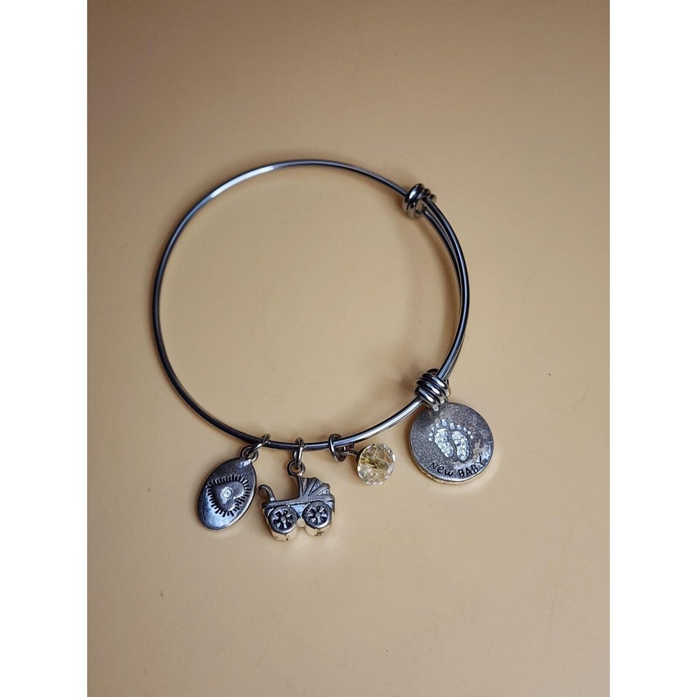 FOOTNOTES 'New Baby' Silver Tone Charm Bracelet Stroller Faceted Crystal & Heart